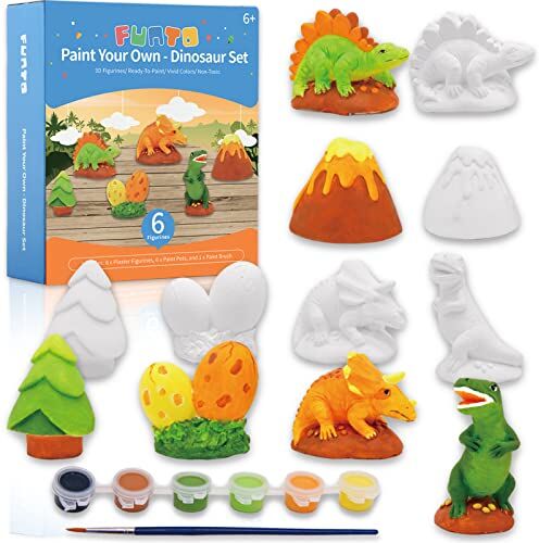 Funto Dipingi i tuoi dinosauri Kit di pittura, 13 pezzi Set di arti e mestieri per bambini, Progetti STEAM Attività creative Giocattoli, Età 3+, con 6 statuette, 6 barattoli di vernice, 1 pennello