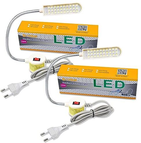 Bonlux 2 pezzi 30 LED 2 W 180 lm lampada luce fredda per macchina da cucire, con collo di cigno flessibile, base magnetica di montaggio, luce per lavoro officina, lavori artigianali o manuali