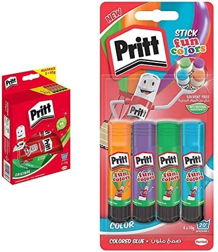 Pritt Colla Stick 5 X 43 gr, Colla per Bambini Affidabile +  Colle Stick Fun Colors, Colla Colorata per Bambini, per Lavoretti e Fai da Te, 4 Colori in Stick da 10g