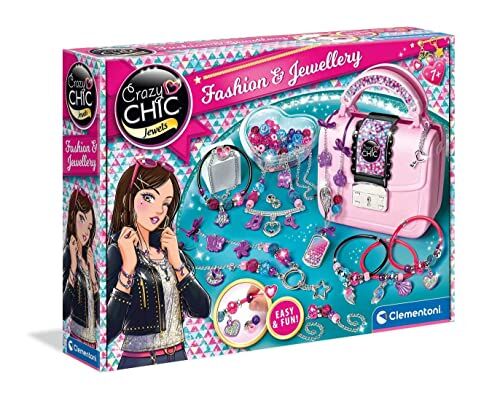 Clementoni - Crazy Chic-The Jewellery Workshop-Made in Italy-Borsetta Gioielli Bambina 7 Anni-Gioco Crea Braccialetti, Multicolore,