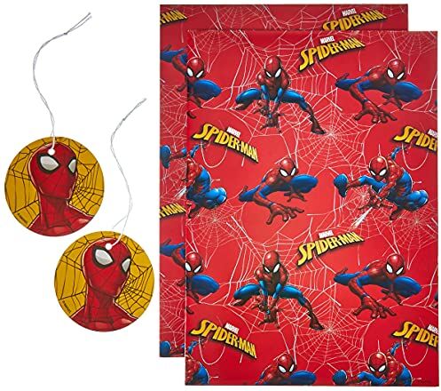 UK Greetings Marvel Spiderman, Supereroe, carta da regalo per compleanno ragazzo, rosso, 2 fogli, 2 etichette