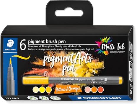 Staedtler Brush pen Pigment Arts, cartuccia da disegno, punta a pennello per larghezza variabile, impermeabile, ad asciugatura rapida, 6 penne, colori assortiti, in astuccio di cartone, 371 C6-5