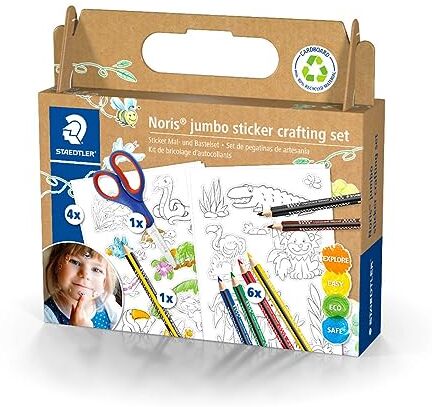 Staedtler Set di adesivi per pittura e bricolage Noris jumbo, 6 matite colorate Noris jumbo in colori assortiti, matita Noris jumbo, forbici per bricolage e modelli di adesivi, 61 C3