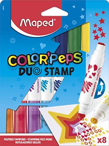 Maped Pennarelli Duo Stamp Color'Peps 8 Pennarelli Timbri Doppia Punta: timbro + pennarello Conforme alle normative sui giocattoli Confezione in cartone con 8 Pennarelli Timbri