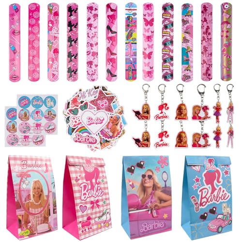 Clvsyh 86 Pezzi Set Regalo di Compleanno per Bambini Bar-Bi, 12 Braccialetti Schiaffo + 12 Sacchetti Regalo + 12 Portachiavi + 50 Adesivi Bambini, Bomboniere per Feste, Regalo di Festa per Bambini