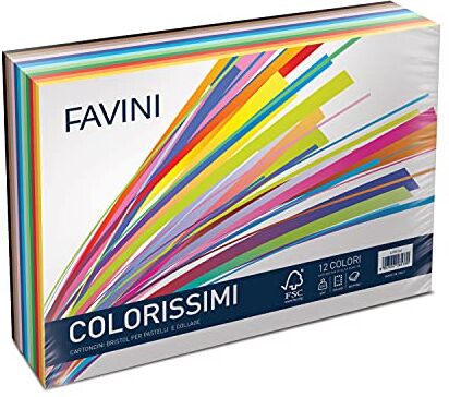 Favini A35X244 Confezione Colorissimi Bristol 240 Cartoncini lisci Colorati 200 gr/m2 Assortiti 12 Colori Formato 25 x 35 cm Made in Italy