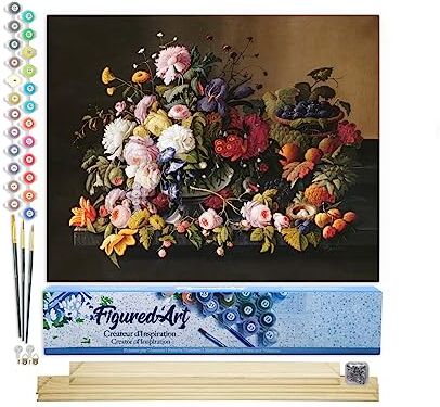 ART Dipingere con i Numeri Paint by Numbers Fiori e frutti Severin Roesen, Passatempo per Adulti, Kit Completo, Hobby Creativi 40x50cm cornice in legno fai da te