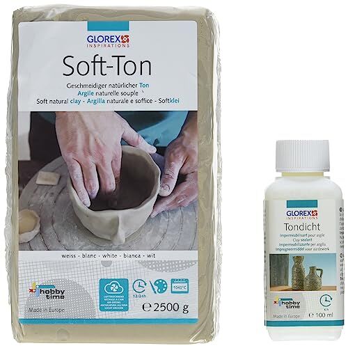 Glorex Set per creativi: argilla morbida da 2500 g in bianco, da indurire all'aria o da cuocere e 100 ml di sigillante per argilla da sigillare