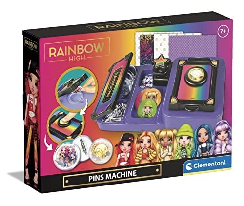Clementoni Rainbow High-Pins Machine-Set Macchina per Creare Spille Personalizzate, Gioco Creativo Bambina 7 Anni-Made in Italy, Multicolore,