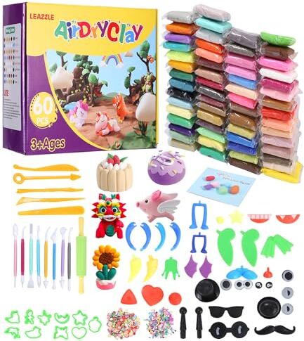 LEAZZLE Argilla da Modellare,60 Colori Pasta Modellabile Autoindurente con Tutorial,Magica Essiccante all'Aria Bambini,Modellabile Autoindurente fai Morbida Ultra Leggera Regalo,Bambini Ragazza 3 4 5-12 Anni