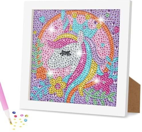 AUAUY Diamond Painting Kit, 5D Diamond Painting Gatti Kit con Cornice in Legno, DIY Diamante Painting Bambini Pittura Kit Craft Arts Regalo per Decorazione Della Parete di Casa Bambini (Unicorno)