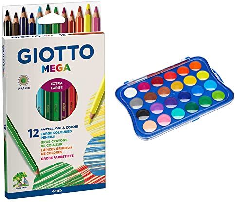 Giotto 225600 Mega Astuccio 12 Maxi Pastelloni Colorati & acquerelli in 24 colori, pastigle da 30mm, con pennello