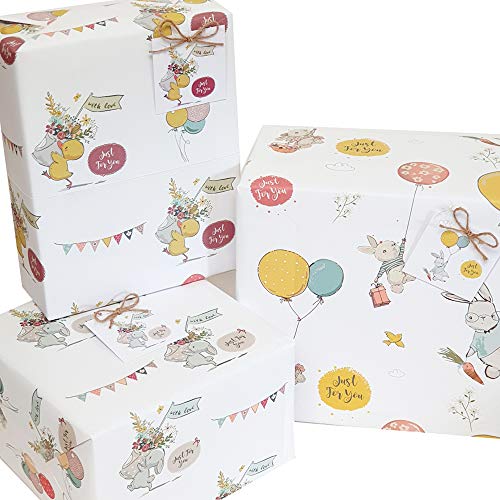 RUSTIC ROBIN RR Designs Confezione da 6 fogli di carta da regalo ecologica, stile vintage, unisex, con stampa di graziosi animali, per regali di compleanno, baby shower, ricorrenze, 50 x 70 cm, con etichette e spago