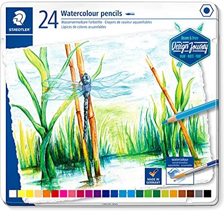 Staedtler Matite colorate ad acquerello di alta qualità per artisti, utilizzabili a secco o con acqua, mina morbida e malleabile da 3 mm, astuccio in metallo con 24 colori assortiti, rif. 14610C C24