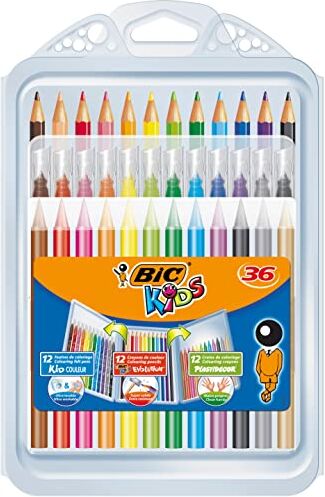 BIC Kids Set para Colorear 12 rotuladores/12 Lápices para Colorear/12 Ceras, colores Surtidos, Estuche de 36 unidades