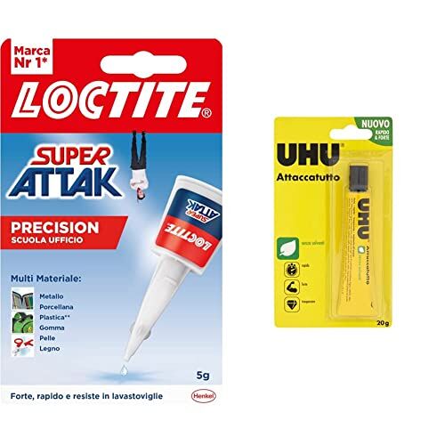 Loctite Super Attak Precision Scuola E Ufficio, Colla Liquida Trasparente Con Beccuccio Lungo & Colla UHU Attaccatutto senza solventi 20ml in blister