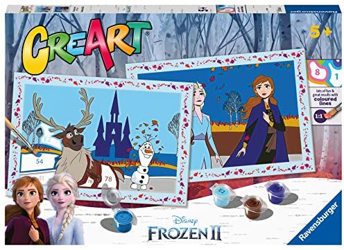 Ravensburger CreArt Serie Junior, Frozen II, Kit dipingere con i Numeri, contiene 2 tavole prestampate, Pennello, Colori, Gioco Creativo per maschi e femmine dai 5+ anni di età