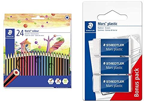 Staedtler Matite Colorate Noris Colour, Confezione Da 24 Colori Con Tonalità Differenti E Mine Resistenti In Wopex, 185 C24 & Mars Plastic 526 53 Gomma, 40 X 19 X 13 Mm, Confezione Da 3