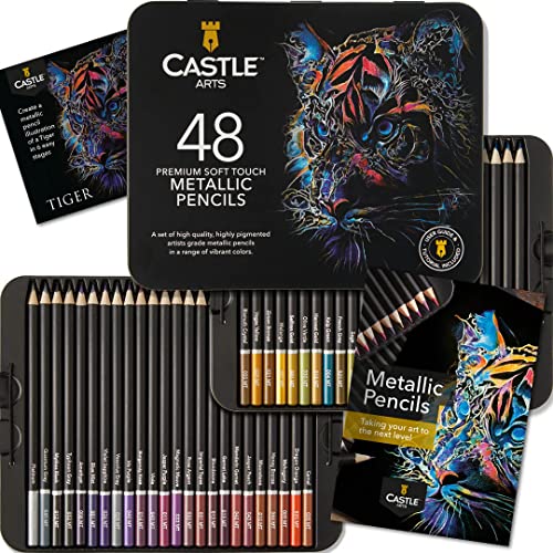 Set di Matite Metalliche   48 Tonalità Scintillanti dall’Anima in Cera per Artisti Adulti, Professionisti e Coloristi   Protetto e Disposto in un Cofanetto di Metallo