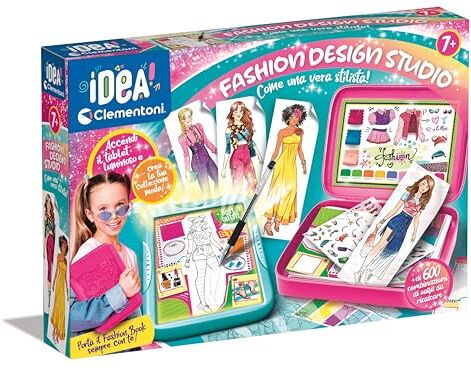 Clementoni Idea-Fashion Designer, lavagna luminosa, set di abbigliamento, gioco creativo per bambina di 6 anni, multicolore, supporto pieghevole, parte superiore leggera, disegni, modelli e penna