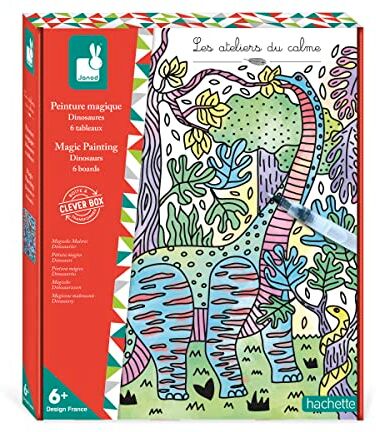 Janod Cofanetto Pittura Magica Dinosauri Les Ateliers du Calme Kit Attività Creative Bambini 6 Quadretti Dinosauri da Colorare Abilità Fino-Motorie e Concentrazione Dai 6 Anni,