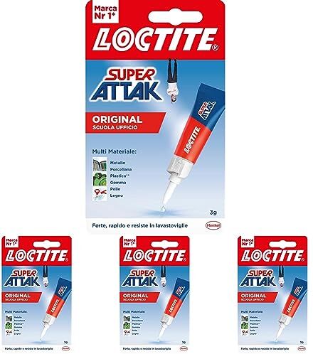 Loctite Super Attak Original Scuola e Ufficio, Colla Liquida Trasparente con Tripla Resistenza e Istantanea, Colla Resistente per Gomma, Metallo, Ceramica, Legno, Cuoio, Pelle, 1x3 g (Confezione da 4)