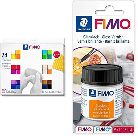 Staedtler FIMO soft ofenhärtende Modelliermasse, Kartonetui mit 24 sortierten Basic-Farben, 24 Halbblöcke à 25 g & 8704 01 BK Smalto, 35 ml