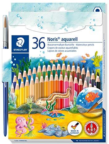 Staedtler pastelli colorati Noris Aquarell, confezione da 36 colori a matita acquerellabili, mine resistenti, pennello incluso, 144 10ND36