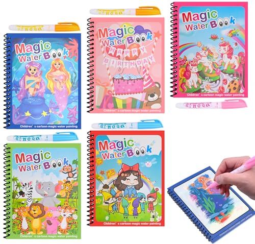 Damcyer 5 Pezzi Libro di Pittura ad Acqua per Bambini con 5 Penna Acqua,5 Temi Riutilizzabile Magic Water Book,Libri ad Acqua da Colorare Bambini,Libro da Disegno ad Acqua per Bambini da 3 Anni,D