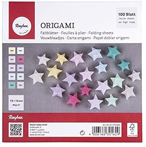 Rayher carta origami, 100 fogli assortiti in 10 colori pastello, 15x15cm, 80-100g/m2, per bambini ed adulti, lavorazioni con carta, bricolage,