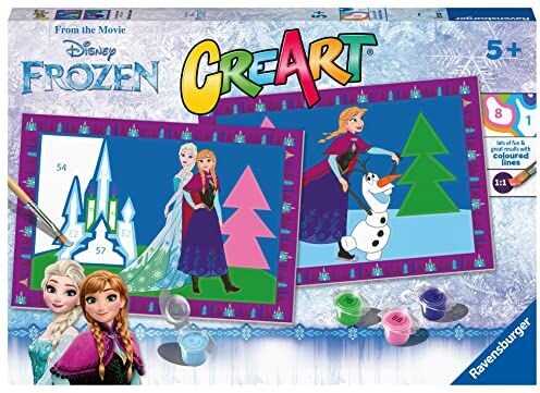 Ravensburger CreArt Serie Junior, Disney Frozen, Kit dipingere con i Numeri, contiene 2 tavole prestampate, Pennello, Colori, Gioco Creativo per maschi e femmine dai 5+ anni di età