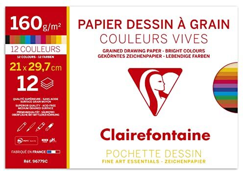 Clairefontaine Pochette per Disegno scolastico 12 Fogli di carta a grana Colori Vivaci Assortiti A4 21x29,7 cm 160g Ideale per le arti plastiche