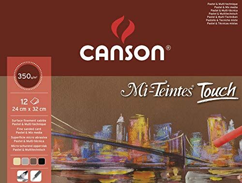 Canson Mi-Teintes Touch, Blocco Collato Lato Lungo 24 x 32 cm, 12 fogli 4 Colori Assortiti Crema, Grigio, Seppia, Nero, 350 gm2