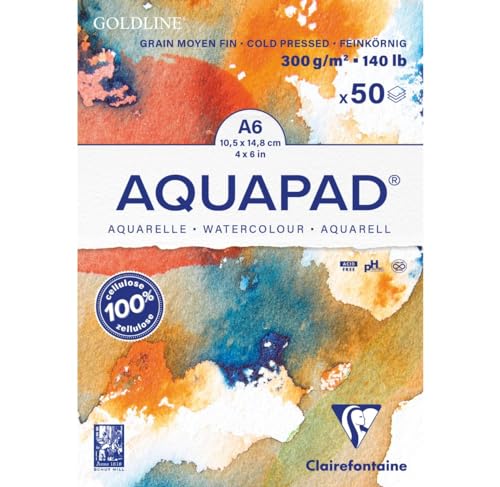 Clairefontaine Goldline Aquapad  Blocco incollato, 50 fogli di carta acquerello, grana media fine A6, 10,5 x 14,8 cm, 300 g, colore: Bianco