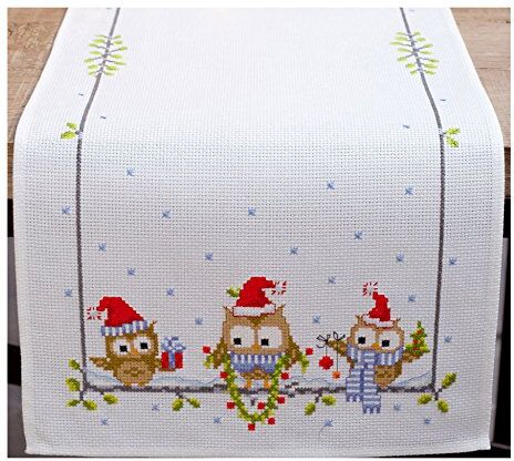 Vervaco Kit Punto Croce contato: Corridore: Gufi di Natale, Cotone, Multicolore, 32 x 2 x 93 cm