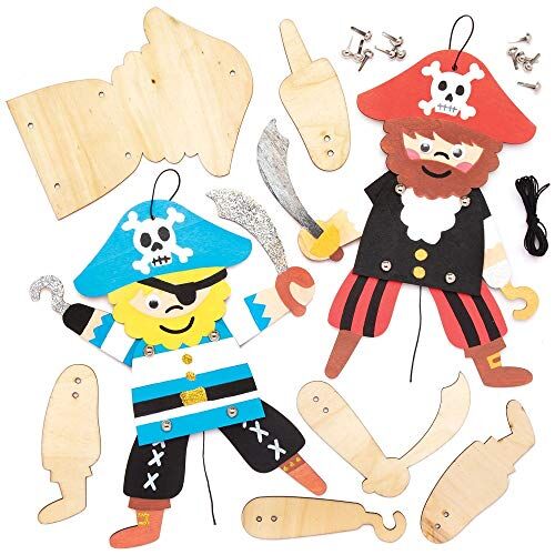 Baker Ross Kit Marionetta Pirata in Legno (confezione da 4) Modello di pirata da decorare per costruire la tua marionetta
