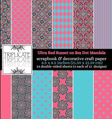 Limited, Triplicate Ultra Red Sunset on Sea Dot Mandala Scrapbook and Decorative Craft Paper: 24 double-sided matte sheets of 8.5 x 8.5 inch 60lb (90gsm) cardstock featuring 12 background designs (4 of each design)