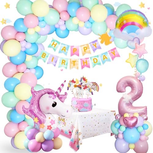 SIMSPEAR Unicorno Palloncini Compleanno 2 Anni Bimba, Palloncini Decorazioni Compleanno con Enorme Palloncino 3D Unicorno, Banner Happy Birthday Unicorno Palloncini per Decorazioni Compleanno per Bambine
