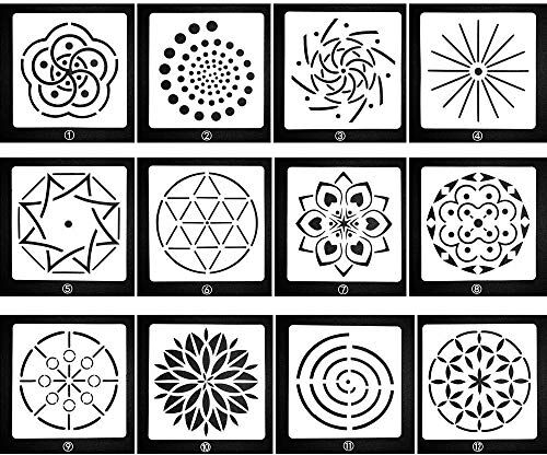 BLUGUL Mandala Stencil, Mandala Punteggia Stencil Modello, Stencil di Pittura, per DIY Decorazione, Pittura su Legno, Aerografo, Rocce e Pareti Art, Type C 12 Pezzi