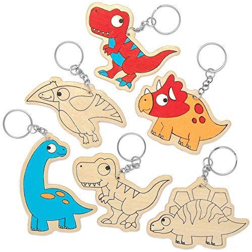 Baker Ross Portachiavi Dinosauro in Legno da colorare, per progetti di artigianato artistico per bambini (confezione da 10), assortiti