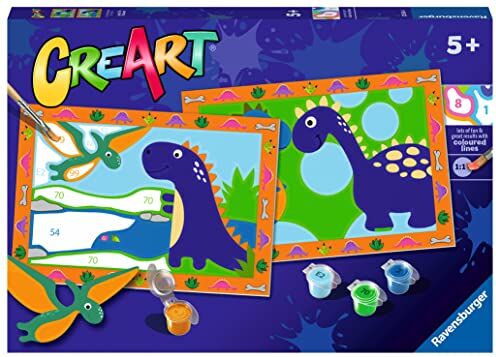 Ravensburger CreArt Serie Junior, Dinosauri, Kit dipingere con i Numeri, contiene 2 tavole prestampate, Pennello, Colori, Gioco Creativo per maschi e femmine dai 5+ anni di età