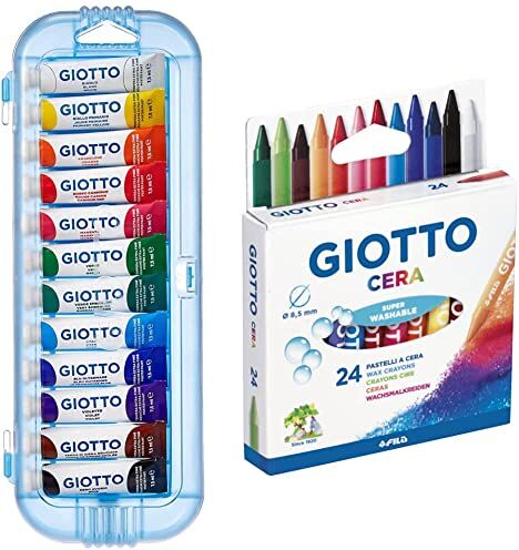 Giotto Tempera Extra Fine, Astuccio Da 12 Tempere In Tubetto, Multicolore, 7.5 Ml (Confezione Da 12) & 282200 Pastelli a Cera in Astuccio da 24 Colori