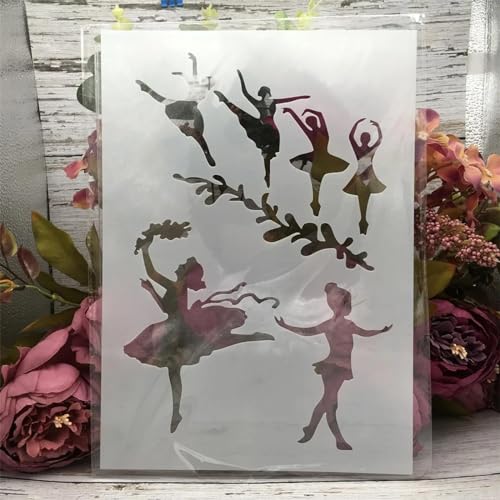 KUNGZUNMOLDS Stencil per pittura su legno, 29 x 21 cm, formato A4, motivo: ballerina, stencil per pittura e artigianato, stencil riutilizzabili per pittura, stencil artistici per disegno, stile A