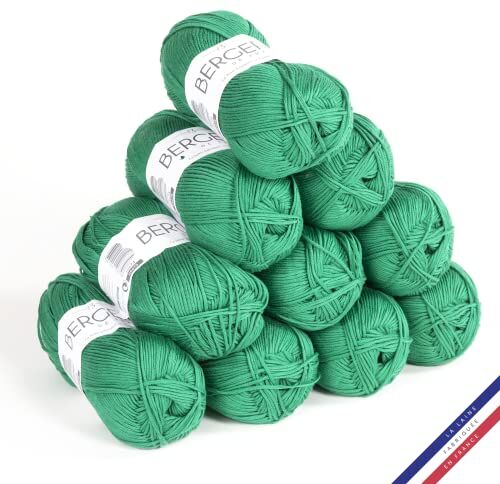 Bergere de France Bergère de France 100% COTON BIO, 10 gomitoli di lana per lavoro a maglia e all'uncinetto (10 x 50 g) 100% COTON BIO 3 mm filato tondo per l'estate Verde (Gazon)