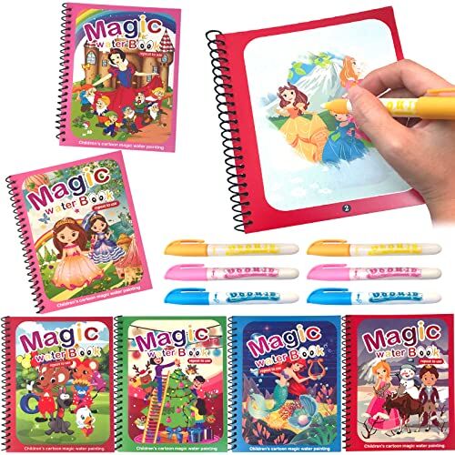 Roselee Libro Magico da Colorare 6 Pezzi Libro ad Acqua per Bambini Libro da Disegno ad Acqua Riutilizzabile con 6 Penna Acqua Regalo per Bambini Bambina