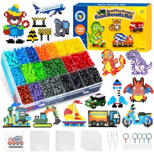 Ufoepv 7060 Pezzi Perline da Stirare, Kit Completo Perline a Fusione 5mm 19 Colori con Scatola Portaoggetti, Set Perline da Stiro Pegboard Carta Stiro Accessori Art Creativo Fai da Te per Bambini