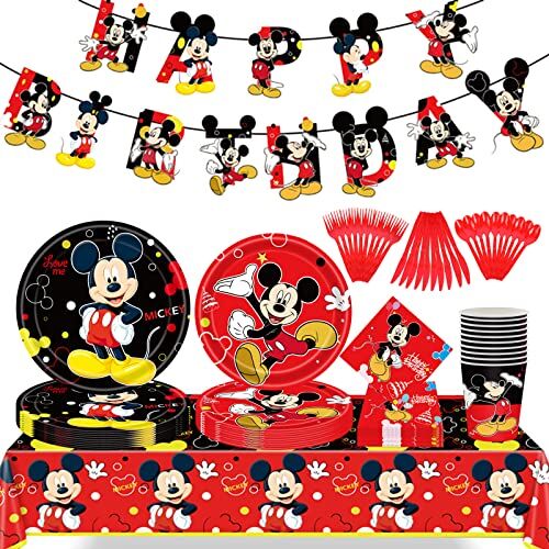 Sykerout Mickey Mouse Party Set Minni Mouse Set di stoviglie per feste di compleanno, 82 pezzi, Minnie, accessori per feste di compleanno, per bambini, per feste di compleanno, motivo: Minnie Mouse…