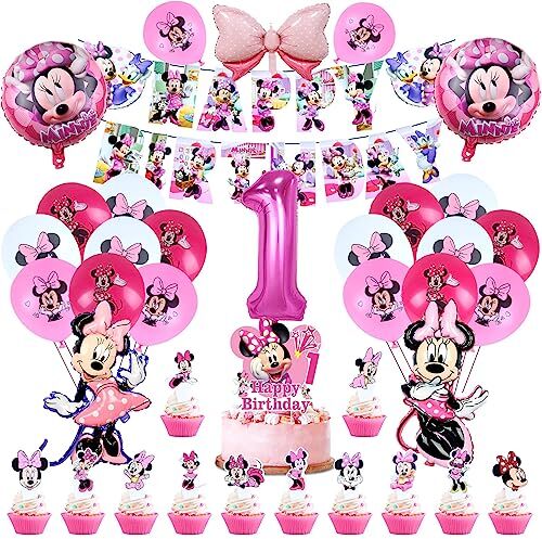 VOENCSU 50 Pcs Minnie Compleanno Palloncini, Decorazioni Compleanno Minnie 1 Anno, Decorazioni Torta Minnie 1 Anno, Palloncini In Lattice Minnie, Minnie Palloncini Helium, Kit Festa 1 Anno Bimba Minnie