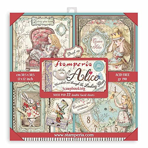 Stamperia International Scrapbooking Pad-Double Sided Sheets-Alice in Wonderland & Through The Looking Glass Paese delle Meraviglie & Attraverso Il Vetro Guardando, Vario, 12 x 12 cm