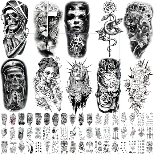 Sovereign-Gear 64 fogli di adesivi per tatuaggi temporanei per uomo o donna, 10 grandi tatuaggi finti che sembrano reali e 54 piccoli tatuaggi neri, tatuaggi con fiore, teschio, leone, lupo e tigre
